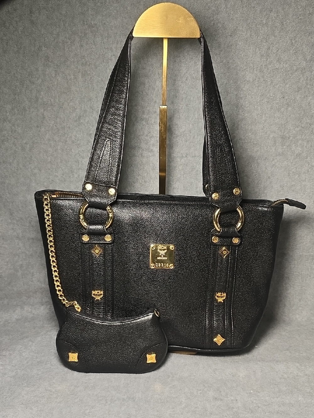MCM Black Leather Tote with Gold Hardware and Detatchable Pouch